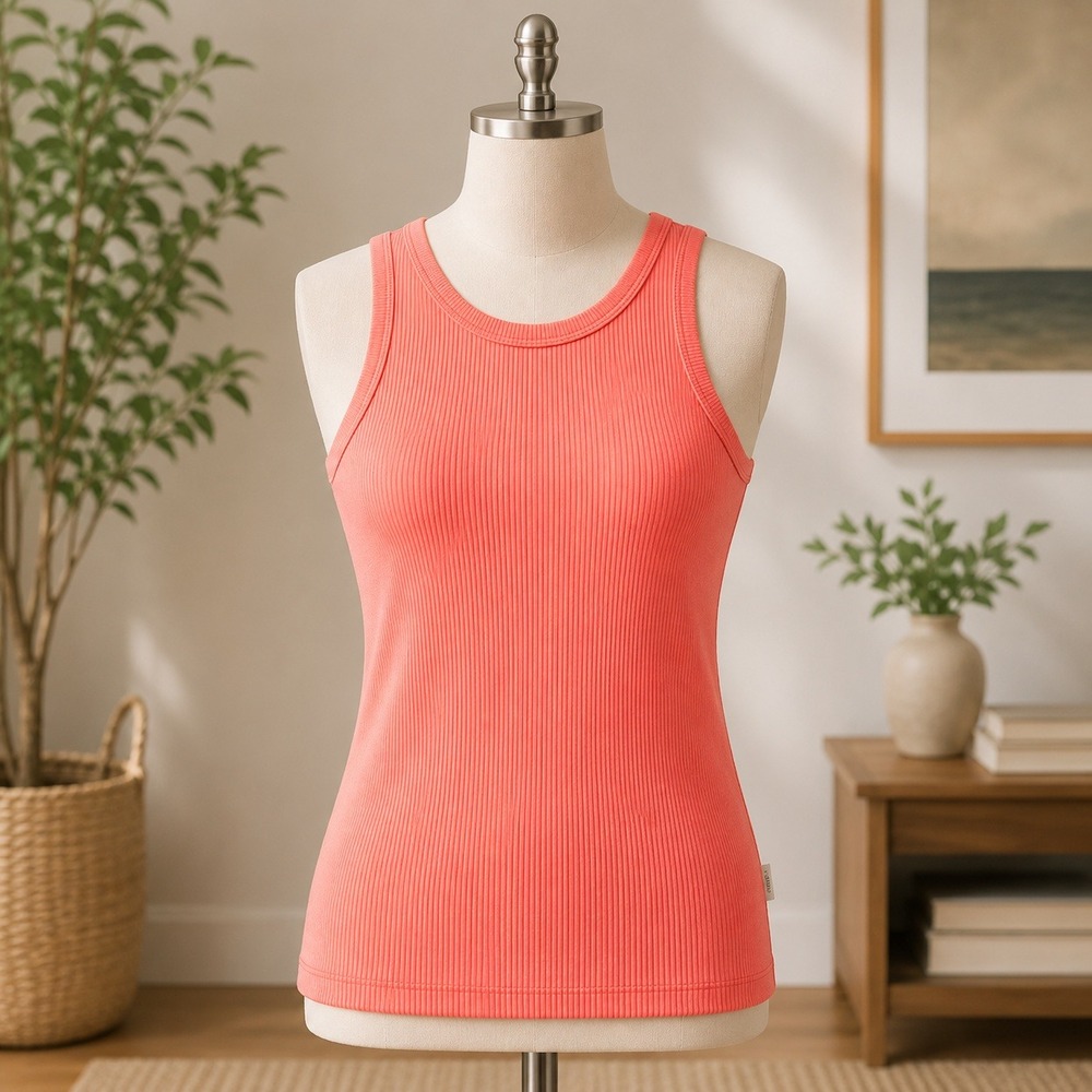 NWOT Araminta James Tank Top Medium Coral Pink‎ Ribbed Waffle Knit Crew Neck